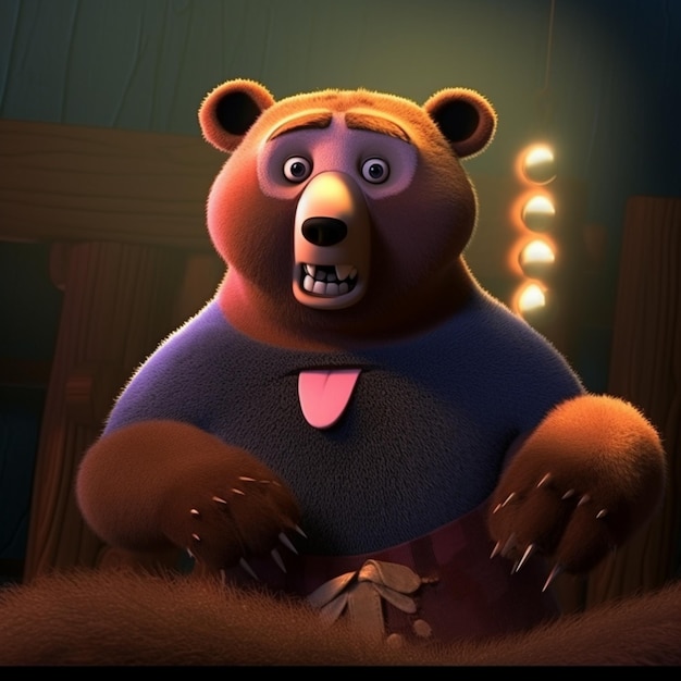 Un orso cartone animato con una maglietta blu con su scritto "la parola orso".
