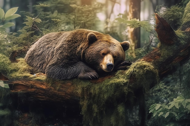 Un orso che dorme su un ramo di un albero nella foresta