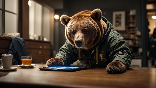 Un orso che fa breakdance che pratica le mosse mentre guarda tutorial online su un tablet