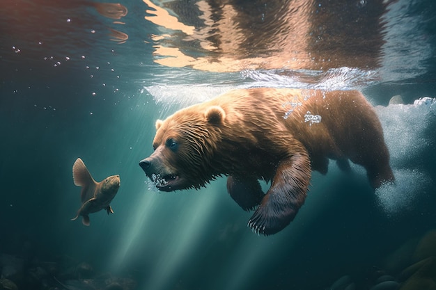 Un orso che nuota sott'acqua con un pesce sullo sfondo IA generativa