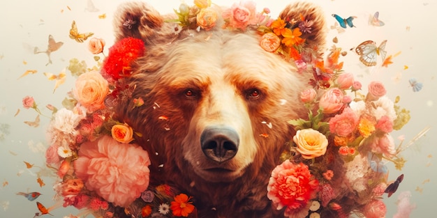 Un orso con dei fiori Illustrazione artistica