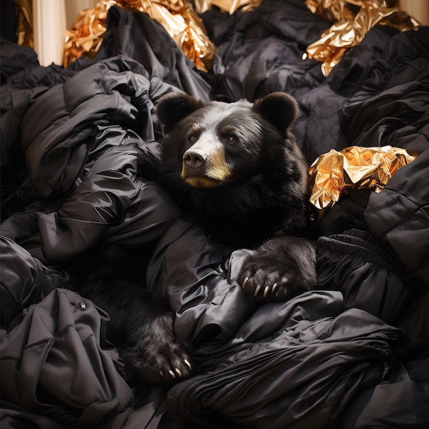un orso con la pelliccia nera e gli occhi marroni è seduto su una pila di stoffa nera