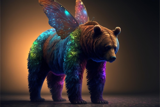 Un orso con le ali arcobaleno.