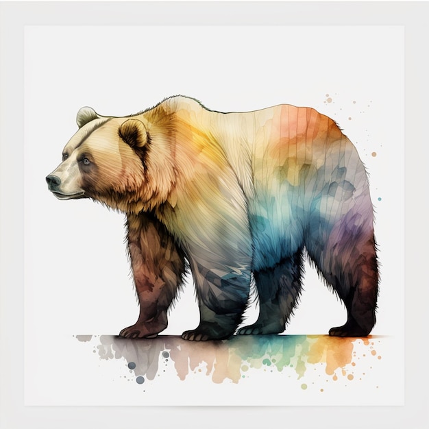 Un orso con un mantello color arcobaleno è in piedi su uno sfondo bianco.