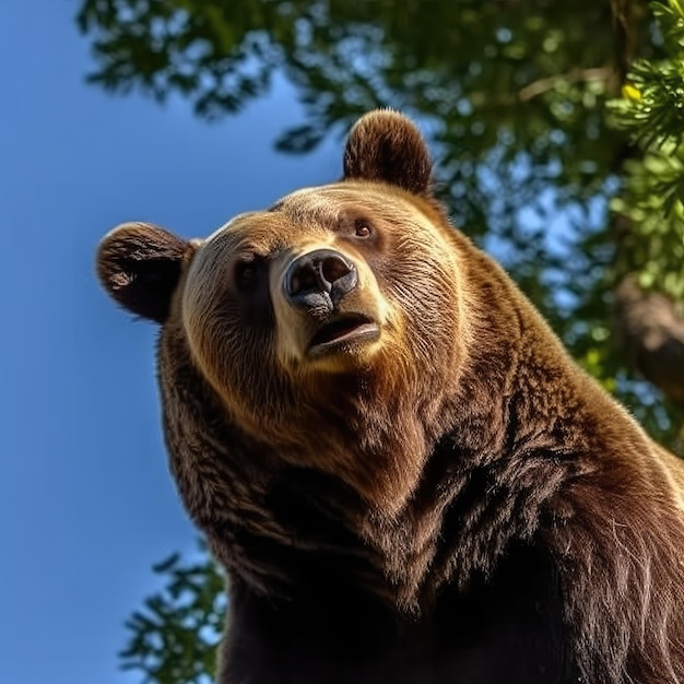 Un orso con un naso nero e un naso nero è in piedi davanti a un albero.