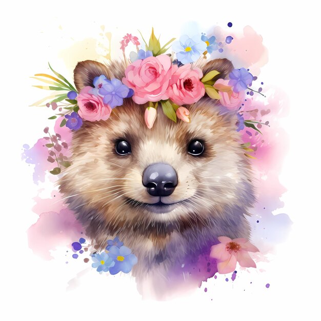 un orso con una corona di fiori in testa è circondato da fiori