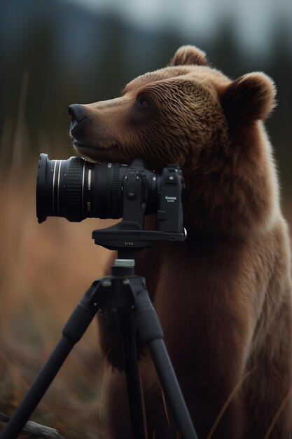 Un orso con una macchina fotografica su un treppiede