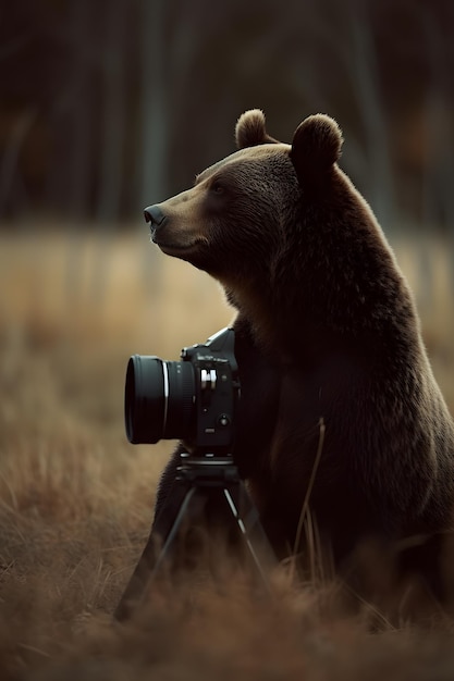 Un orso con una macchina fotografica su un treppiede