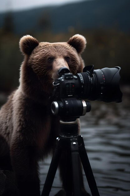 Un orso con una macchina fotografica su un treppiede