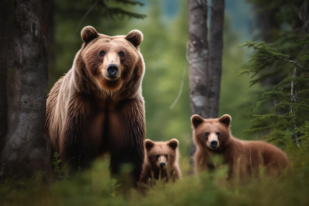 Un orso e i suoi cuccioli sono in piedi nel bosco.