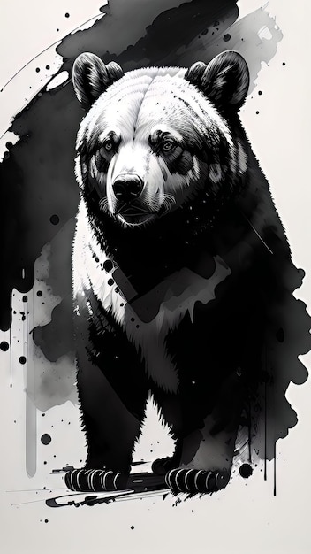 Un orso è in piedi davanti a un dipinto in bianco e nero.