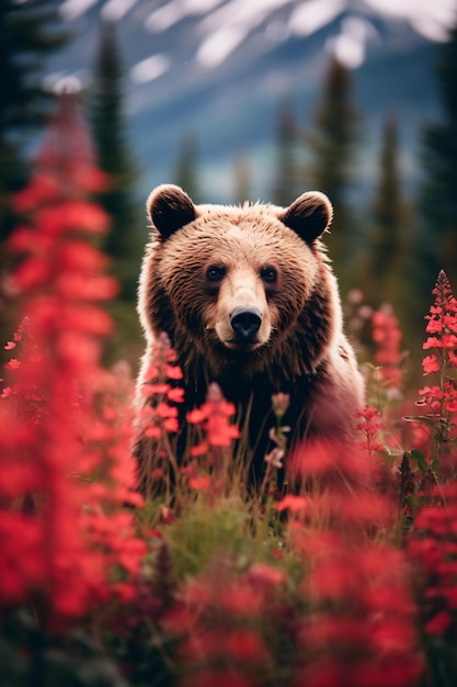 un orso è in piedi in un campo di fiori