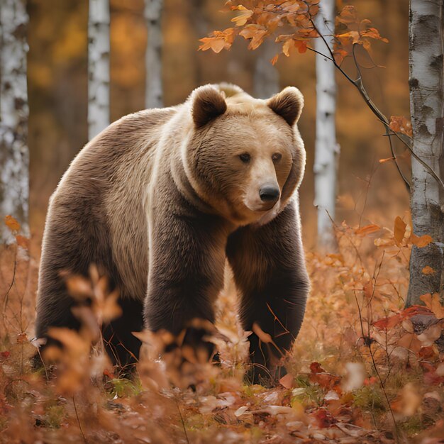 un orso è in piedi in una foresta con alberi sullo sfondo