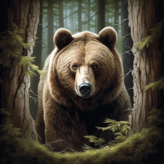 Un orso è in piedi nel bosco e le parole "orso" sul fondo.