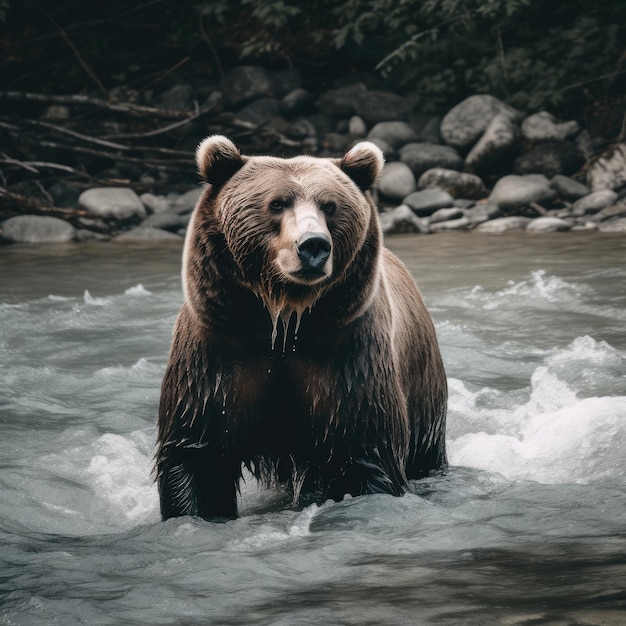 Un orso è in piedi nell'acqua e guarda la telecamera.