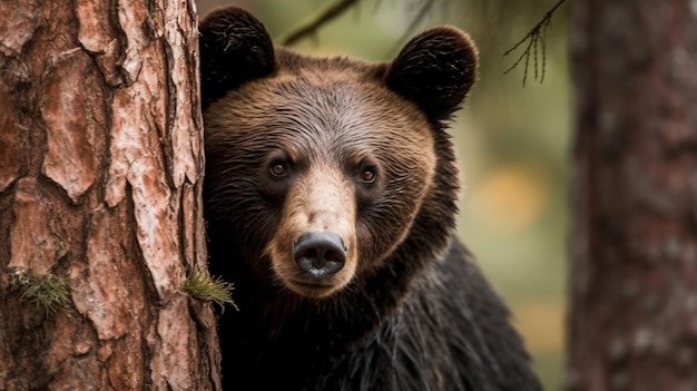 Un orso guarda fuori da un albero.