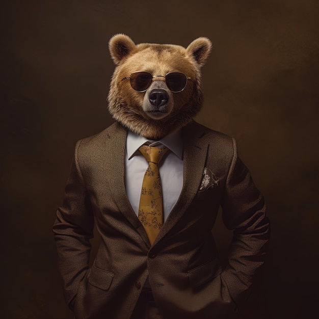 un orso in giacca e cravatta è in piedi davanti a un muro marrone.