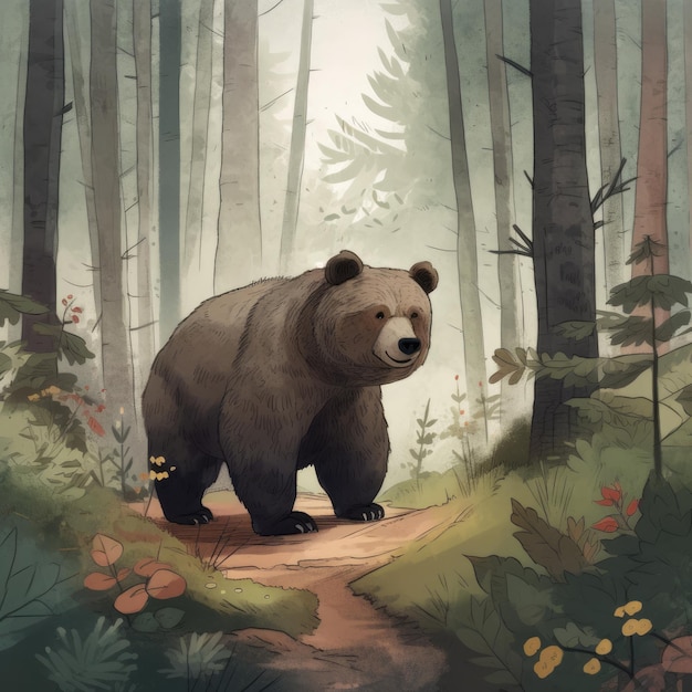 Un orso in una foresta con una foresta sullo sfondo.