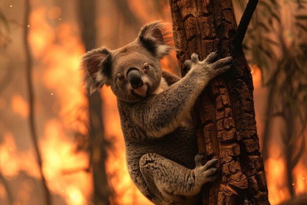 Un orso koala si aggrappa ad un albero durante un incendio boschivo in Australia