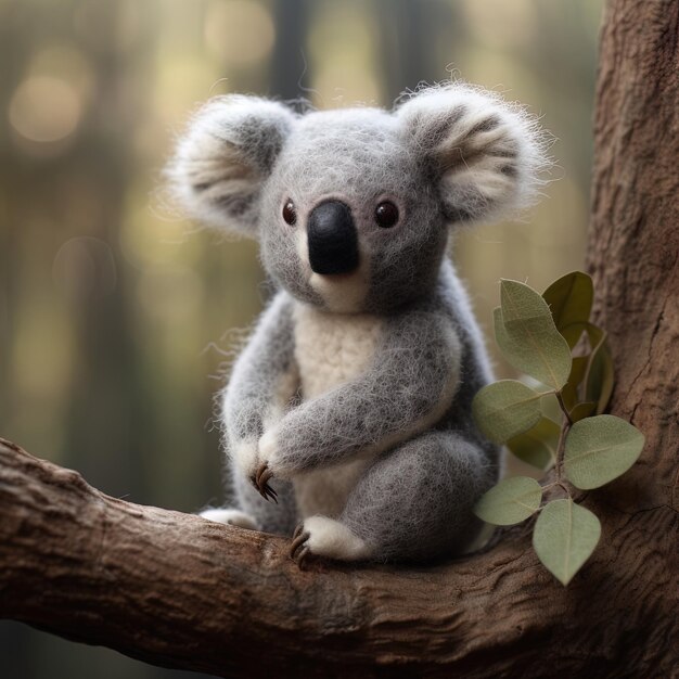 un orso koala si siede in un albero con una pianta verde sullo sfondo