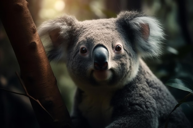 Un orso koala si siede su un ramo di un albero in una foresta.