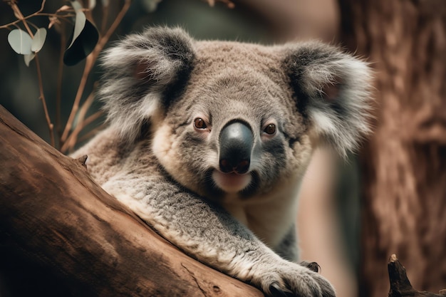 Un orso koala si siede su un ramo di un albero.