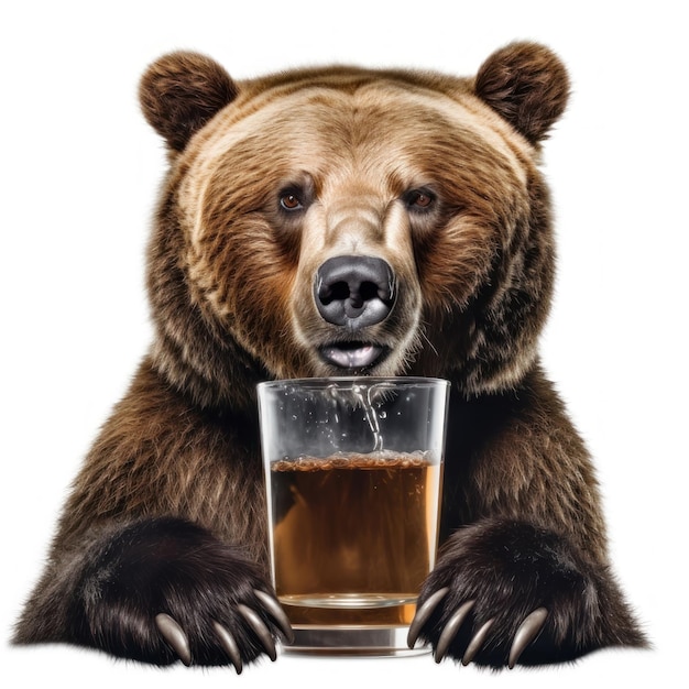 un orso marrone che beve da un bicchiere con un drink dentro.