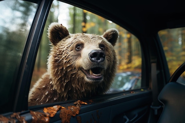 Un orso marrone guarda attraverso il finestrino di un'auto una pericolosa avventura Generazione AI