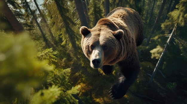 un orso marrone sta correndo attraverso una foresta.