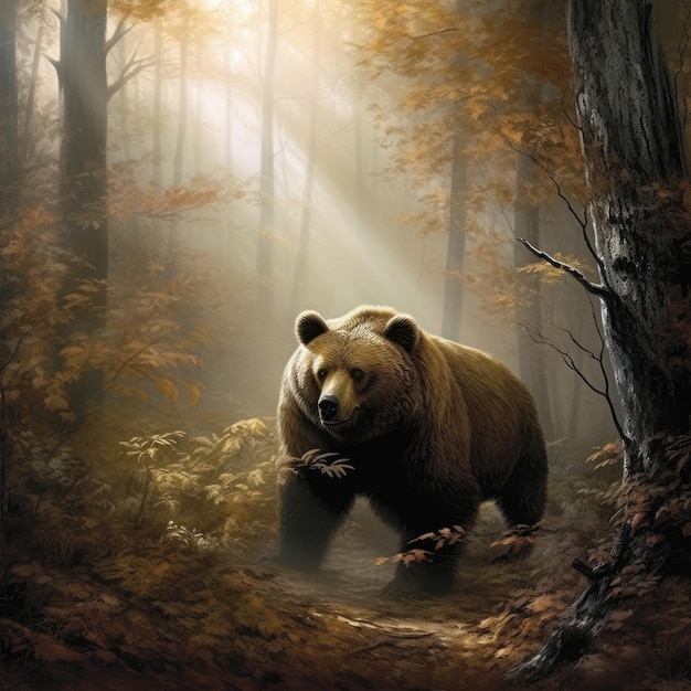 Un orso nei boschi con il sole che splende su di esso.