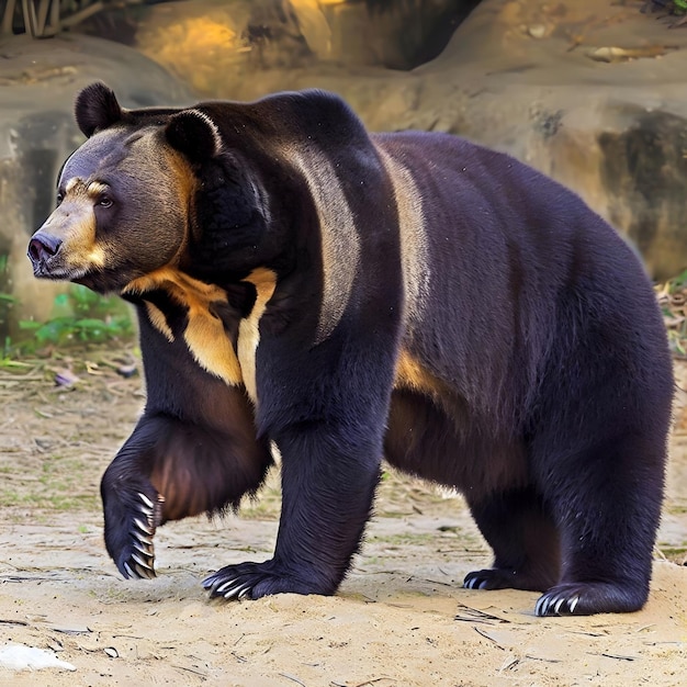 Un orso nero con una macchia marrone sul muso sta camminando