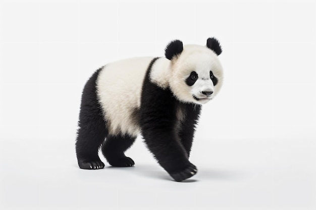 un orso panda che cammina su una superficie bianca