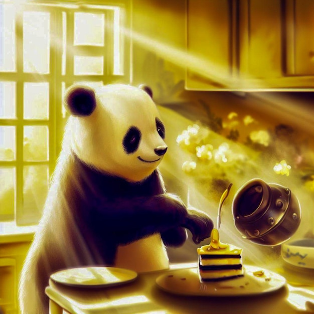 un orso panda che cuoce una torta in una cucina soleggiata arte digitale