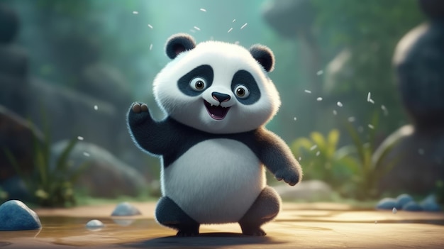 Un orso panda che fluttua in una foresta