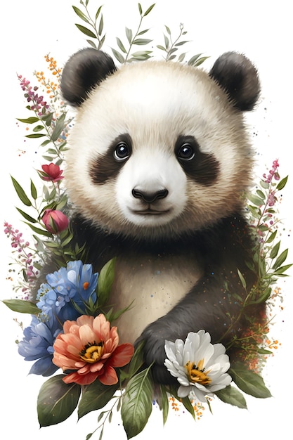 Un orso panda con sopra dei fiori