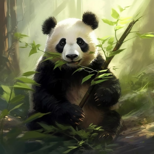 un orso panda con un bastone di bambù nel bosco.