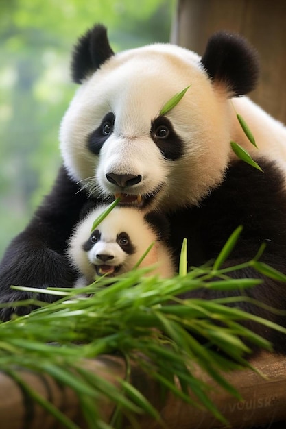 un orso panda con un cucciolo sulla schiena sta tenendo sua madre