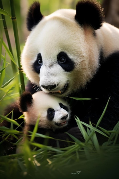 un orso panda con una faccia bianca e nera e due panda piccoli