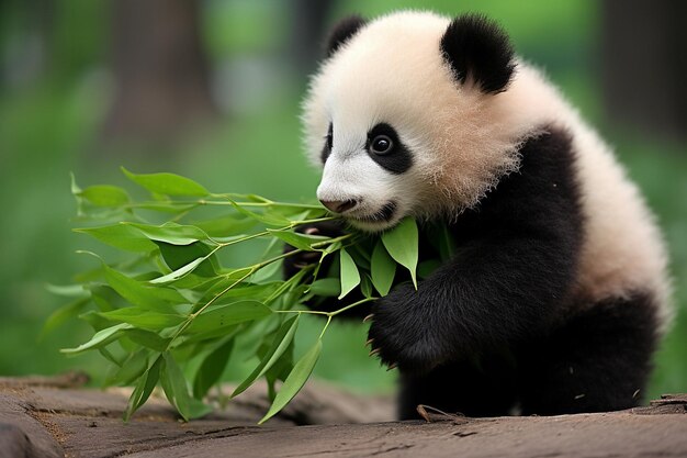 un orso panda con una faccia bianca e nera sta mangiando foglie