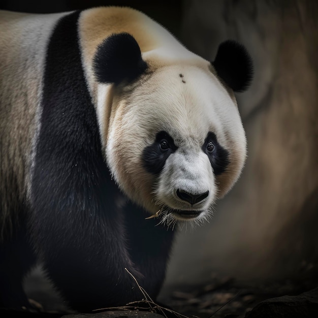 Un orso panda con una faccia in bianco e nero sta camminando nei boschi.