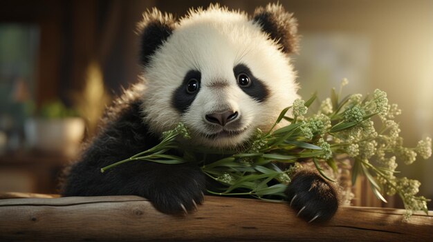 Un orso panda è in piedi e tiene in mano un bambù