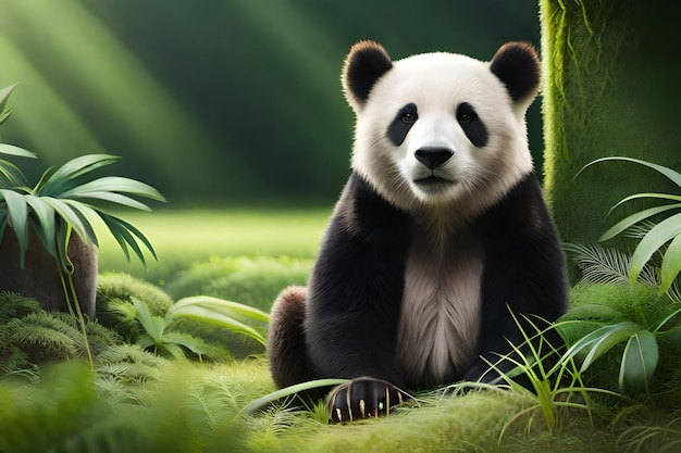 Un orso panda in un ambiente naturale verde