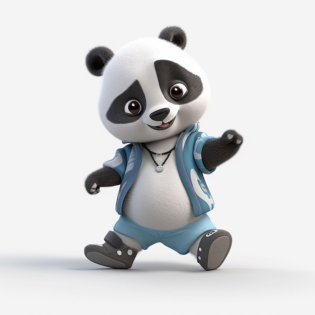 Un orso panda indossa una giacca e pantaloni blu.