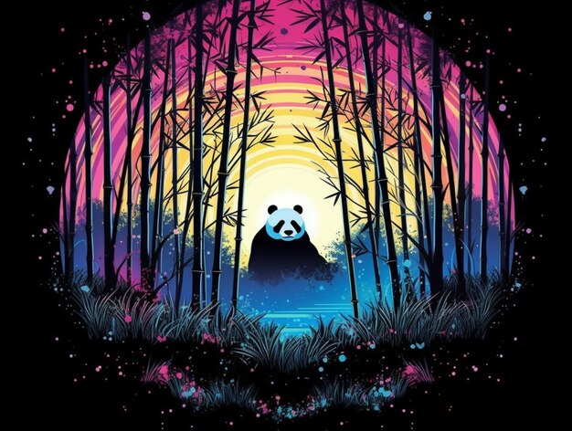 un orso panda nel bosco con un tramonto alle spalle generativo ai