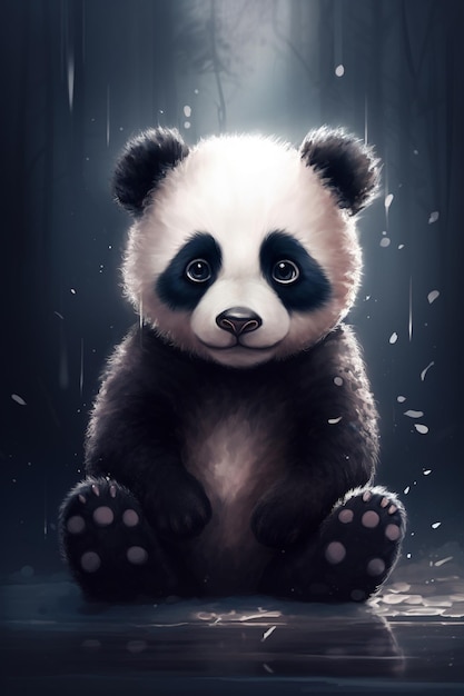 Un orso panda siede sotto la pioggia in una giornata piovosa.