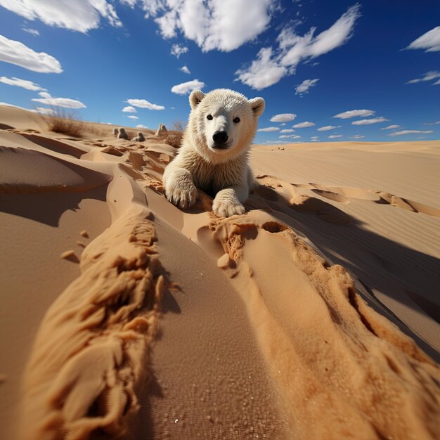 Un orso polare assetato nel deserto consapevolezza dei cambiamenti climatici illustrazione generativa ai