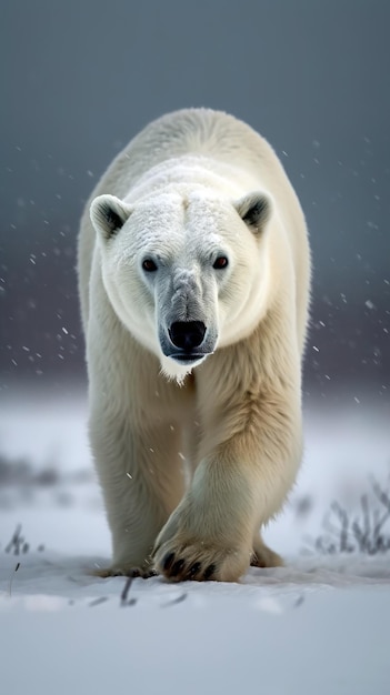 Un orso polare cammina attraverso la neve con un terreno innevato.