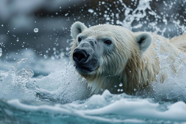 Un orso polare che emerge dalle acque artiche con uno schizzo