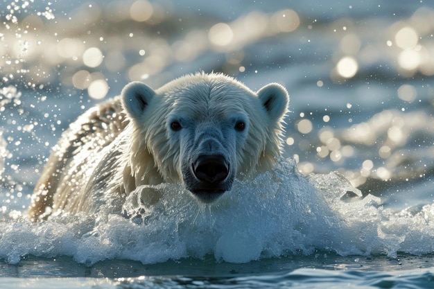 Un orso polare che emerge dalle acque artiche con uno schizzo