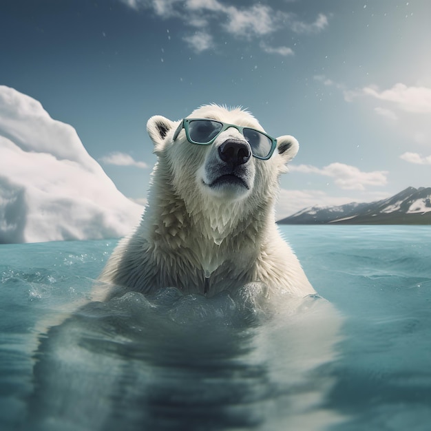 Un orso polare con occhiali da sole sullo sfondo dell'Antartide